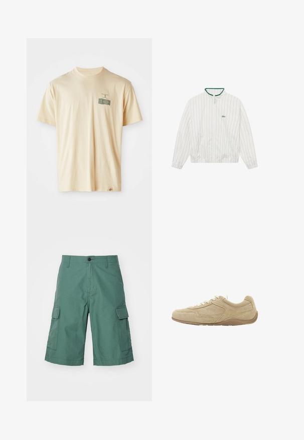 BLKVIS STRIPED - Lichte jas - white; Crème kleurige katoenen t-shirt met een ronde halslijn, korte mouwen en een grafische print op de linkerkant van de borst die een vintage televisie afbeeldt.; Groene cargoshorts van gestructureerde stof, met twee zijzakken en een voortoegang met knoopsluiting. Einde boven de knie met gestikte zoom.; Beige suède casual sneaker met witte veters en een lichtbruine rubberen zool, gezien in zijprofiel.