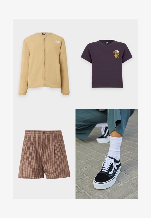 Veste légère beige avec col arrondi, fermeture éclair intégrale et logo sur la poitrine gauche. Texture douce avec manches longues.; T-shirt en coton violet à col rond, orné d'un motif floral brodé et d'un logo sur le côté gauche de la poitrine. Manches courtes, coupe décontractée.; Shorts marron à carreaux pour hommes avec bouton à l'avant et passants pour ceinture, présentant un motif à carreaux classique.; Baskets en suède noir avec des accents et des lacets blancs, présentant une épaisse semelle blanche et des coutures contrastantes, associées à une chaussette blanche.