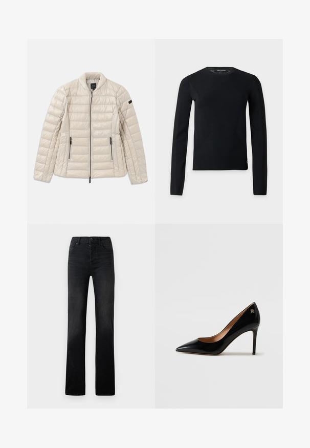 Beige dunjakke med lynlås foran, sidelommer og ståkrave. Har kviltet struktur og slank, minimalistisk design.; Sort langærmet crewneck sweater med slim pasform og subtile syningsdetaljer, vist på en ensfarvet lys baggrund.; Sorte denim straight-leg jeans med subtil falmning, fem lommer og knaplukning. Glat tekstur med minimale syningsdetaljer.; Sorte patentlæder højhælede pumps med spids tå, en slank stiletto hæl og et lille guld dekorativt logo nær hælen.