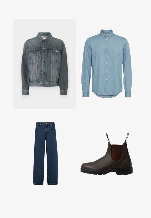 Chaqueta de mezclilla negra deslavada con cierre de botones, dos bolsillos con tapeta en el pecho, bolsillos laterales y logo de Calvin Klein en el pecho y la cintura.; Camisa de mezclilla azul claro con cuello abotonado, mangas largas y dobladillo curvado. Presenta una tapeta delantera con botones blancos.; Vaqueros de mezclilla en azul oscuro, con un corte de pierna ancha, diseño de cinco bolsillos y un cierre clásico de botón con cremallera de metal.; Bota Chelsea de cuero marrón con panel elástico lateral, costuras marrones, tiradores y suela de goma resistente con un patrón texturizado.