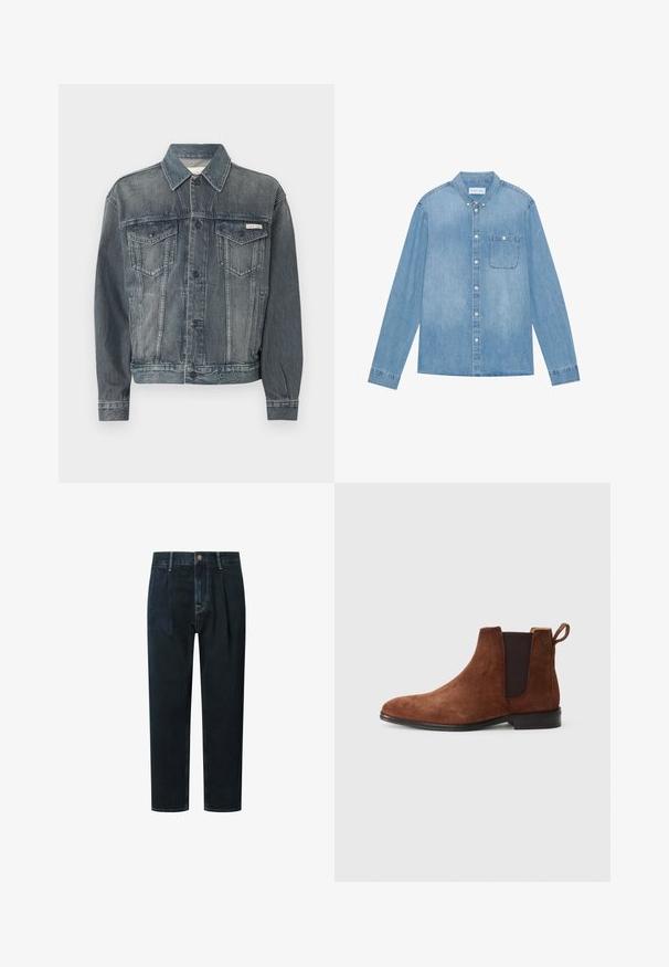 Verwaschene schwarze Jeansjacke mit Knopfverschluss, zwei Brustklappentaschen, Seitentaschen und Calvin Klein Logo auf der Brust und am Bund.; Hellblaues Denim-Hemd mit Knopfleiste, langen Ärmeln, spitzem Kragen, einer Brusttasche und dezentem Verblassen des Stoffes.; Dunkelblaue Denim-Hosen mit lockerer Passform, hoher Taille, Falten, Frontknopfverschluss und goldfarbener Kontrastnaht.; JOOP! KLEITOS - Stiefelette - downtown brown