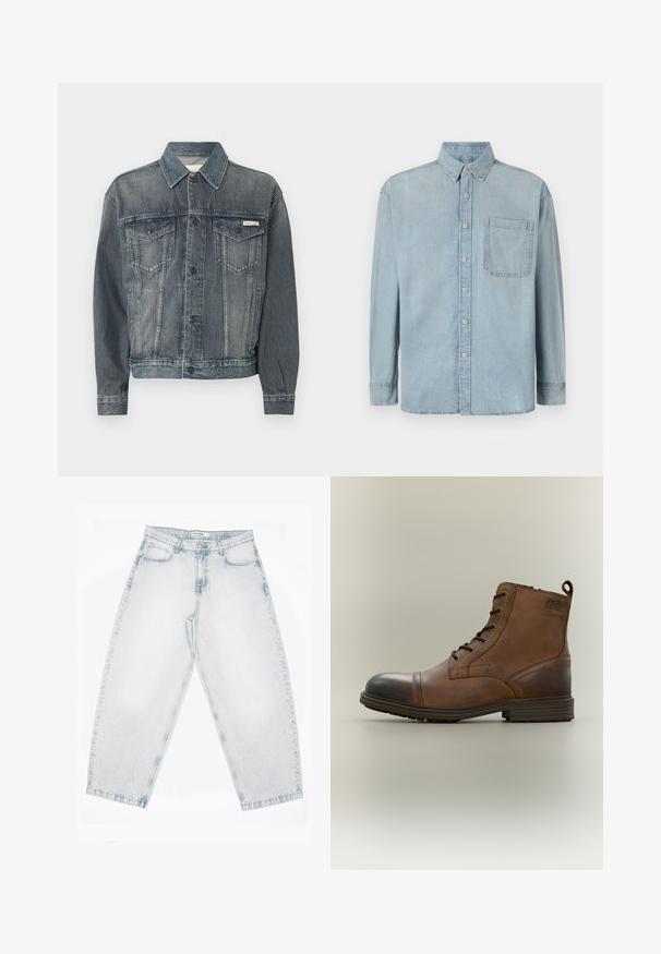 Verbleekte zwarte spijkerjas met knoopsluiting, twee klepzakken op de borst, steekzakken aan de zijkant en Calvin Klein-logo op de borst en tailleband.; Lichtblauwe denim shirt met lange mouwen, een knoopsluiting aan de voorkant en een enkele borstzak. Het heeft een klassieke kraag en standaard manchetten.; Lichtgewassen spijkerbroek met een hoge taille, rechte, wijde pijpen, knoop- en ritssluiting en voor- en achterzakken.; Bruine leren enkellaars met veters, zwarte neuskap, ronde zool en merkdetail aan de zijkant tegen een effen achtergrond.
