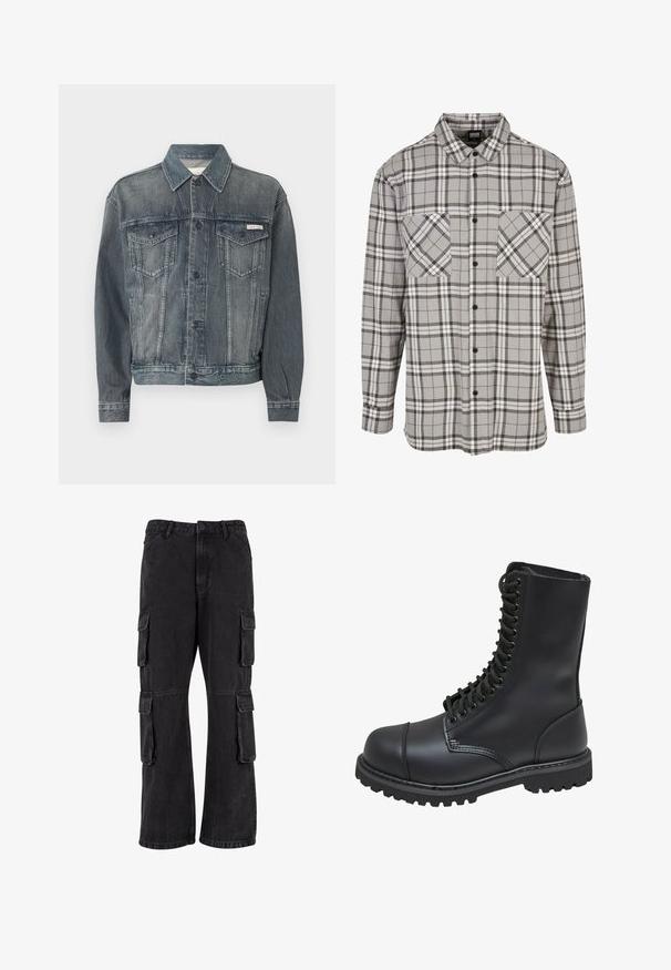 Mørkeblå denimjakke med knaplukning, to brystlommer med klap, sidelommer og Calvin Klein-logo på bryst og taljebånd.; Gråternet langærmet skjorte lavet af stof med knaplukning, der har to brystlommer og en klassisk krave.; Sorte cargo-bukser lavet af denim, med en løs pasform, flere sidelommer og syet detaljer. Teksturen er let falmet.; Sort læder kampstøvle med høj skaft, snørebånd foran, polstret krave og en robust tekstureret sål for godt greb. Har forstærket tåhætte.