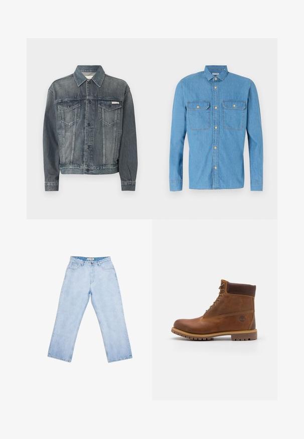 Mørkeblå denimjakke med knaplukning, to brystlommer med klap, sidelommer og Calvin Klein-logo på bryst og taljebånd.; Lysblå denimskjorte med lange ærmer, knaplukning foran, to brystlommer, spids krave og gyldne knapper. Glat tekstur, afslappet design.; Lyseblå jeans med høj talje og lige ben, forlommer, bæltestropper, knaplukning og en mærket inderlabel ved linningen.; Brun læder vandrestøvle med en glat finish, polstret ankel, metalliske snørehuller og en gummisål med et robust dækmønster.