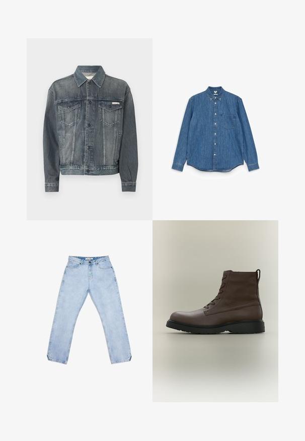 Verwaschene schwarze Jeansjacke mit Knopfverschluss, zwei Brustklappentaschen, Seitentaschen und Calvin Klein Logo auf der Brust und am Bund.; Blaues Denim-Hemd mit langen Ärmeln, spitzem Kragen, weißen Knöpfen, einer einzelnen Brusttasche und geradem Saum. Gleichmäßige Textur und mittleres Gewicht.; Hellblaue Jeans aus Denim mit geradem Bein, ausgestattet mit fünf Taschen, einem Knopfverschluss und dezentem Verblassen. Keine sichtbaren Muster oder Logos.; Brauner Leder-Schnürstiefel bis zum Knöchel mit schwarzer Gummisohle, rundem Zehenbereich und Zuglasche hinten, im Seitenprofil auf neutralem Hintergrund dargestellt.