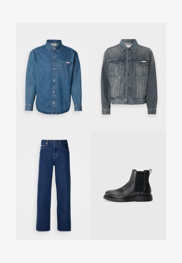 Tuimastunud musta teksariidest jakk, millel nööpidega sulgemine, kaks rinnataskut kaantelappidega, küljetaskud ja Calvin Kleini logo rinnal ning vöörihmadel.; Sinine denim'ist pikkade varrukatega särk, millel on nööbid alla, rinnaeet ja kontrastne õmblus. Kanga tekstuur on sile ja stiil on juhuslik.; Tumedat sinised teksapüksid laia säärega, millel on nupulehe ja klassikaline viie taskuga stiil. Kangas on sileda tekstuuriga.; Mustad mustad Chelsea saapad, millel on tekstuuriga viimistlus, elastsed külgtaskud ja vastupidav kummist tald. Discreetne bränding kontsapuntšel.