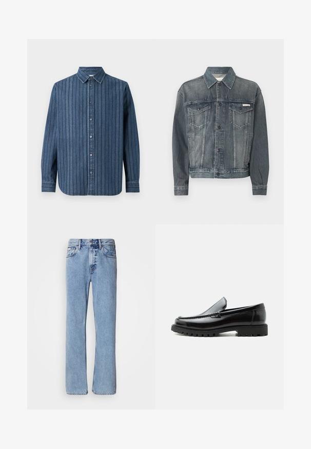 Verwaschene schwarze Jeansjacke mit Knopfverschluss, zwei Brustklappentaschen, Seitentaschen und Calvin Klein Logo auf der Brust und am Bund.; Samsøe Samsøe SADAMON SHIRT - Hemd - denim; Hellblaue Jeans aus Denim mit geradem Bein, fünf Taschen und Knopfverschluss. Nähte in der Nähe der Taschen und des Bundes.; Schwarzer Lederloafer mit grober Gummisohle, genähter Oberseite und geprägtem Markennamen an der Ferse, seitlich auf weißem Hintergrund gezeigt.