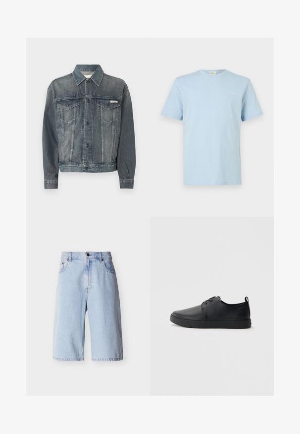 Veste en denim noir délavé avec fermeture à boutons, deux poches à rabat sur la poitrine, poches latérales, et logo Calvin Klein sur la poitrine et la ceinture.; T-shirt bleu clair à manches courtes avec col rond et petit logo blanc "Calvin Klein" sur le côté gauche de la poitrine.; Shorts en denim bleu clair jusqu'aux genoux avec boutons et fermeture éclair à l'avant, passants pour ceinture et poches latérales, présentés sur un fond uni.; Baskets en cuir noir avec une finition lisse, bout arrondi, coutures ton sur ton, devant à lacets et semelle plate en caoutchouc. Anse au talon.