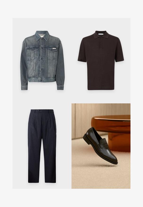 Mørkeblå denimjakke med knaplukning, to brystlommer med klap, sidelommer og Calvin Klein-logo på bryst og taljebånd.; Brun kortærmet polo skjorte lavet af letvægtsstof. Har en klassisk krave og tre-knaps lukning, glat tekstur, ingen mønstre.; Marine-stribede bukser lavet af et tekstureret stof, med knaplukning, to for-pleats og lige ben-design.; Sort læderloafer med et elegant design, der har et struktureret bånd og en glat finish. Placeret mod en blød, lys baggrund.