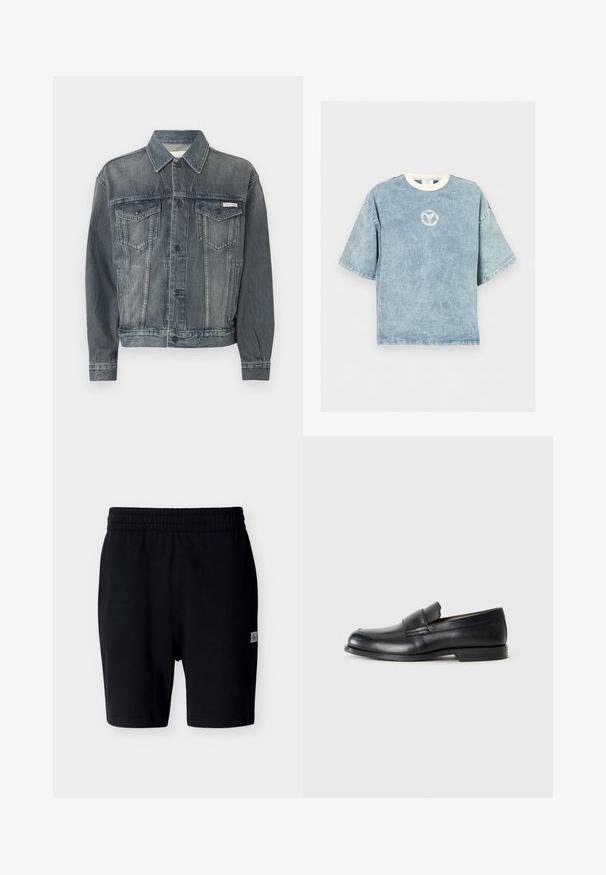Veste en denim noir délavé avec fermeture à boutons, deux poches à rabat sur la poitrine, poches latérales, et logo Calvin Klein sur la poitrine et la ceinture.; T-shirt oversize bleu délavé à manches courtes avec une encolure ronde blanche et un petit logo circulaire délavé sur la poitrine.; Shorts décontractés noirs avec taille élastique et petite étiquette logo sur la cuisse droite, présentés sur un fond clair uni.; Mocassins en cuir noir avec un bout rond, des détails cousus et une semelle en caoutchouc plate. Présentent une large bande sur le cou-de-pied.