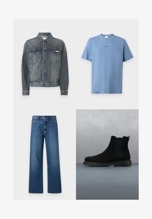 Veste en denim noir délavé avec fermeture à boutons, deux poches à rabat sur la poitrine, poches latérales, et logo Calvin Klein sur la poitrine et la ceinture.; T-shirt en coton bleu clair avec des manches courtes, col rond et un logo "Calvin Klein" subtil en noir sur la poitrine. Texture lisse.; Jean bleu à taille haute et coupe droite, avec bouton et fermeture éclair à l'avant, cinq poches, et un petit patch de marque sur la poche droite.; Bottine noire en matériau lisse avec des coutures subtiles, une semelle en caoutchouc et un design épuré, positionnée au-dessus d'une surface à texture bois.