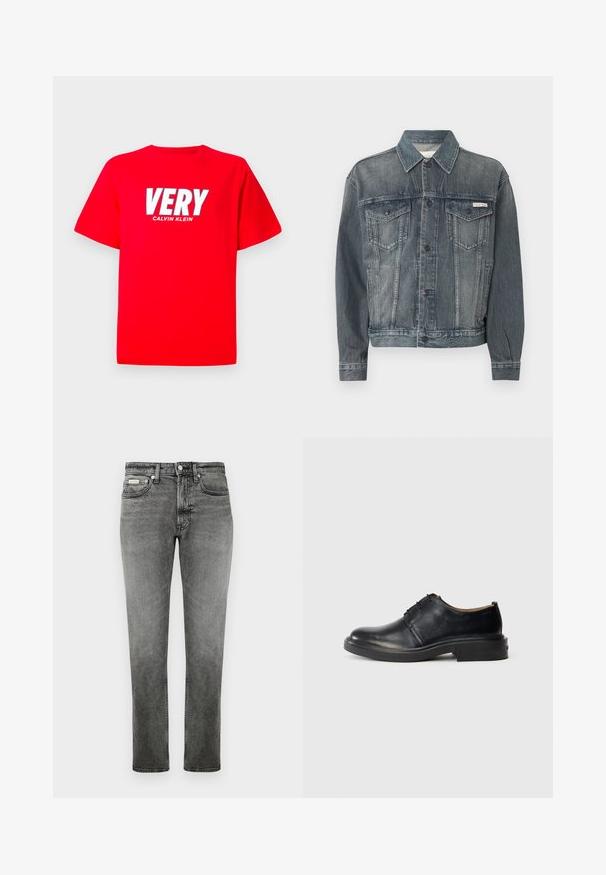 Verwaschene schwarze Jeansjacke mit Knopfverschluss, zwei Brustklappentaschen, Seitentaschen und Calvin Klein Logo auf der Brust und am Bund.; Rotes T-Shirt mit kurzen Ärmeln, auf der Brust in großen weißen Buchstaben "VERY" und darunter in kleineren weißen Buchstaben "CALVIN KLEIN".; Graue gerade geschnittene Jeans aus Denim mit Vordertaschen, Gürtelschlaufen, Knopfverschluss und dezenten Ausbleichungen.; Schwarze Leder-Oxfords mit runder Zehenpartie, Schnürung an der Vorderseite und niedrigem, gestapeltem Absatz vor einem schlichten, hellen Hintergrund.