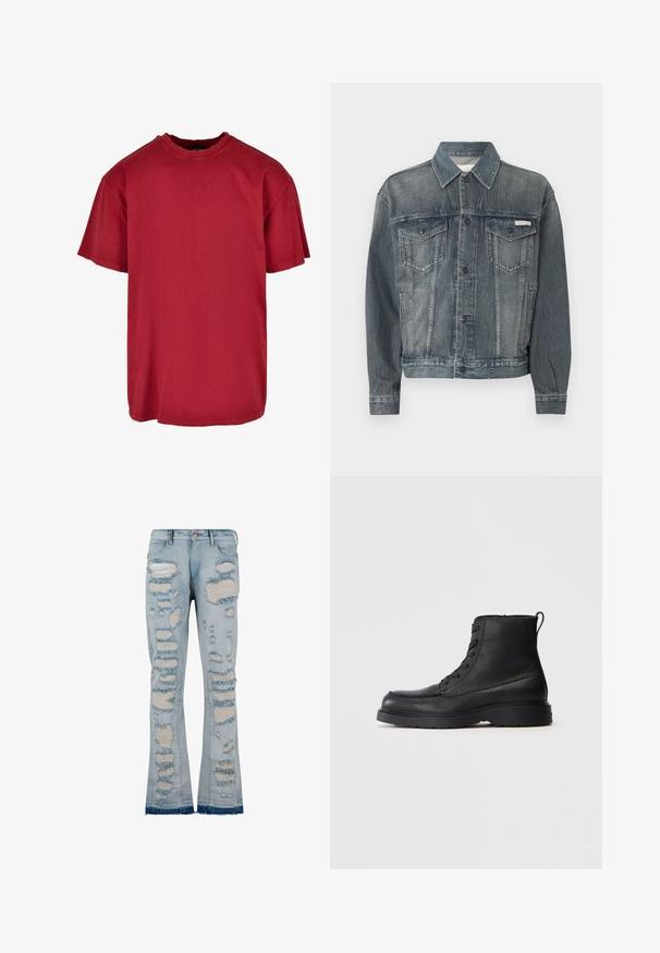 Chaqueta de mezclilla negra deslavada con cierre de botones, dos bolsillos con tapeta en el pecho, bolsillos laterales y logo de Calvin Klein en el pecho y la cintura.; Camiseta de algodón roja con un corte relajado, mangas cortas, cuello redondo y detalles desgastados cerca de los hombros. Sin logotipos visibles.; Jeans de mezclilla de corte acampanado en azul claro con desgastes prominentes y bordes deshilachados, que cuentan con un diseño clásico de cinco bolsillos y un cierre de botón metálico.; Botín de tobillo negro de cuero texturizado con cordones, suela gruesa y lengüeta en la parte trasera, vista lateral.