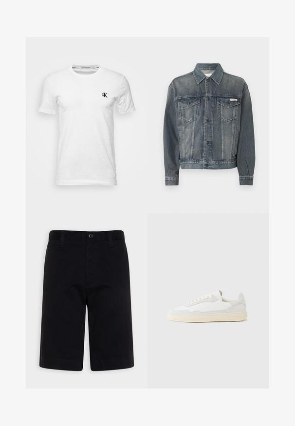 Vypraná čierna rifľová bunda so zapínaním na gombíky, dvoma náprsné klopové vrecká, bočné vrecká a logo Calvin Klein na hrudi a páse.; Biele tričko s krátkym rukávom a okrúhlym výstrihom s malým čiernym logom "CK" na ľavej strane hrudníka, označené Calvin Klein Jeans, veľkosť medium.; Tommy Hilfiger BROOKLYN - Šortky - desert sky; Biela teniska s jemne štruktúrovaným zvrškom zo semišu a kože. Má zaoblenú špičku, viazanie na šnúrky a kontrastnú béžovú gumovú podrážku.