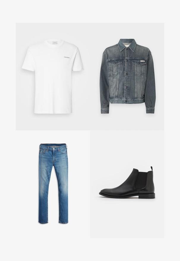 Faded black denim jacket with button closure, two chest flap pockets, side pockets, and Calvin Klein logo on chest and waistband.; White cotton T-shirt with short sleeves and a crew neckline. Features a small black "Calvin Klein" logo on the left chest.; Light blue denim jeans with a straight leg design, five pockets, button closure, subtle fading, and orange stitching accents.; Black leather Chelsea boot with elastic side panels, a rounded toe, and a low heel. Smooth texture with a minimalist design.