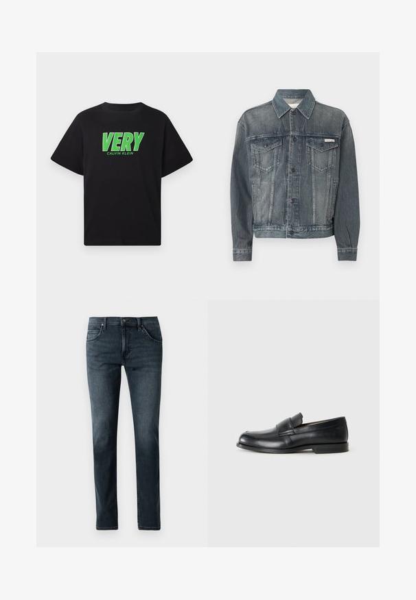 Mørkeblå denimjakke med knaplukning, to brystlommer med klap, sidelommer og Calvin Klein-logo på bryst og taljebånd.; Sort kortærmet t-shirt med fed grøn "VERY" tekst og en mindre "CALVIN KLEIN" logo trykt nedenfor i midten foran.; Mørkeblå denim jeans med lige ben, fem-lomme design, lynlås foran og subtilt slid. Tekstureret stof med stikninger.; Sorte læder loafers med rund tå, syet detaljer og en flad gummisål. Har en bred rem over vristen.
