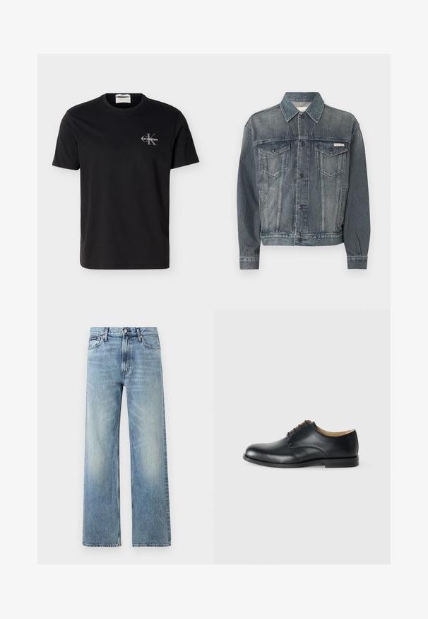 Faded black denim jacket with button closure, two chest flap pockets, side pockets, and Calvin Klein logo on chest and waistband.; Black short-sleeve crew neck T-shirt with small gray Calvin Klein "CK" logo and white text on the left chest.; Light blue straight-leg denim jeans with a high waist, five pockets, button closure, and subtle fading on the thighs and knees.; Calvin Klein ESS DERBY - Lace-ups - triple black