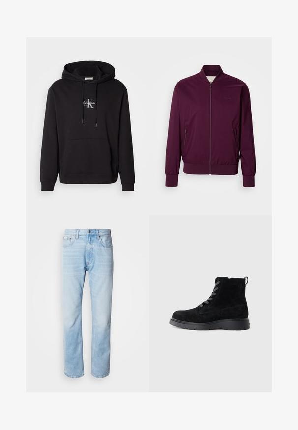 Bordeaux bomberjack met een ritssluiting, elastische manchetten en zoom. Voorzien van zijzakken en een subtiele logo op de borst. Glad textuur van de stof.; Zwarte katoenen hoodie met een trekkoordcapuchon, kangoeroezak en een zilveren logo met "Calvin Klein" en "CK" op de borst.; Lichtblauwe denim jeans met een rechte pijp, met vervaagde delen, vijf-pocket ontwerp en een klassieke knoopsluiting.; Zwarte suède enkellaarsjes met een gestructureerde oppervlakte, ronde neus, grijze veters en een stevige zwarte zool. Voorzien van een klein lusje achteraan.