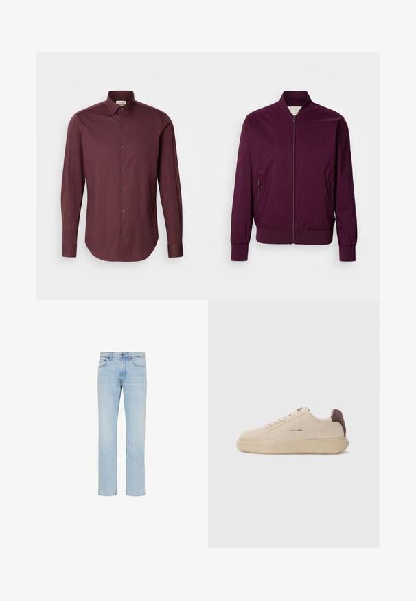 Bordeaux bomberjakke med lynlås, elastiske manchetter og kant. Har sidelommer og et diskret logo på brystet. Glat stofstruktur.; Calvin Klein SLIM - Skjorter - bordeaux; Lyseblå straight-leg jeans i denim med forreste knap, lynlås og design med fem lommer vist på hvid baggrund.; Beige ruskind sneakers med rund tå, snørret foran og en brun ruskindsdetalje på hælen. Har en tekstureret gummisål.