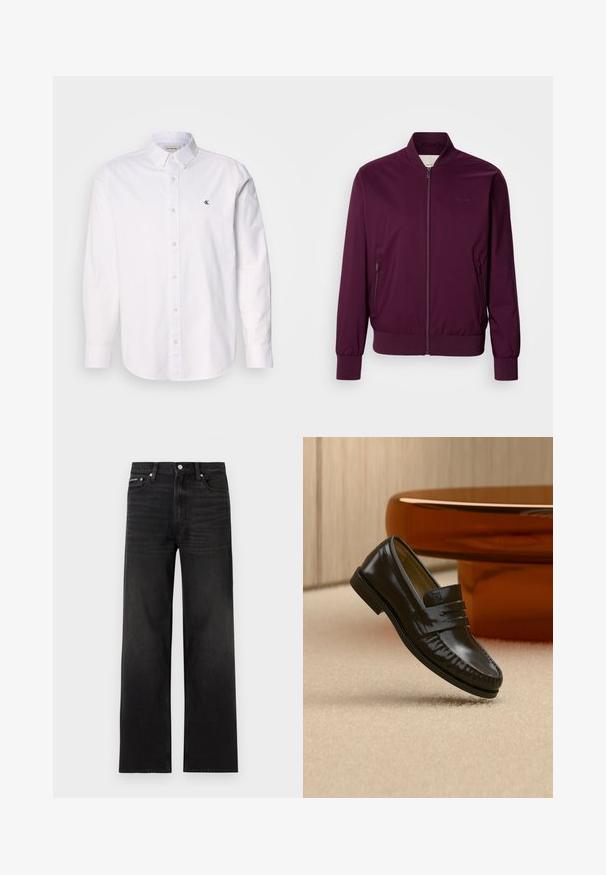 Bordeaux bomberjack met een ritssluiting, elastische manchetten en zoom. Voorzien van zijzakken en een subtiele logo op de borst. Glad textuur van de stof.; Witte button-up shirt gemaakt van katoen, met een klassieke kraag, lange mouwen en een klein CK-logo op de linkerborst. Glad oppervlak.; Zwarte jeans met rechte pijpen, vijf zakken, riemlussen en knoopsluiting, weergegeven op een witte achtergrond.; Glanzende zwarte leren loafer met een banddetail, geplaatst op een beige tapijt naast een ronde bruine salontafel in een zacht verlichte kamer.