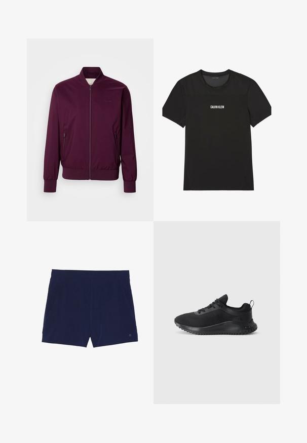 Chaqueta bomber burdeos con cierre de cremallera, puños y dobladillo elásticos. Presenta bolsillos laterales y un logotipo sutil en el pecho. Textura de tela suave.; Camiseta negra de manga corta Calvin Klein con tejido de malla en los hombros y la parte superior del pecho, con el nombre de la marca impreso en blanco en el centro del pecho.; Bañadores azul marino hechos de tejido ligero, con una cinturilla elástica y dos bolsillos laterales para almacenamiento.; Zapatillas deportivas negras con parte superior de malla, diseño aerodinámico, suela redondeada y suela de goma texturizada con un pequeño logotipo en el lateral.