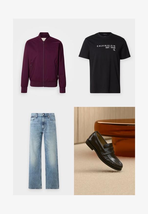 Veste bomber bordeaux avec une fermeture éclair, des poignets et un ourlet élastiques. Dotée de poches latérales et d'un logo discret sur la poitrine. Texture de tissu lisse.; T-shirt noir à manches courtes avec texte blanc "CALVIN KLEIN EST. 1968" et petit logo "cK" sur la poitrine.; Jean droit en denim bleu clair avec taille haute, cinq poches, fermeture à boutons et léger délavage sur les cuisses et les genoux.; Mocassin en cuir noir brillant avec un détail de bride, posé sur un tapis beige près d'une table basse ronde en bois brun dans une pièce doucement éclairée.