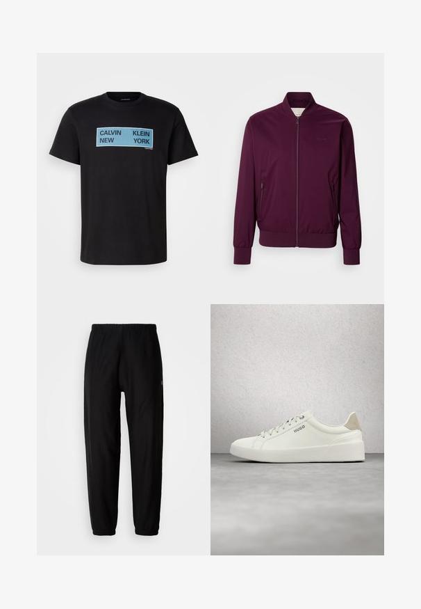 Bordeaux bomberjakke med lynlås, elastiske manchetter og kant. Har sidelommer og et diskret logo på brystet. Glat stofstruktur.; Sort bomulds T-shirt med fed blå og sort tekst: "CALVIN NEW KLEIN YORK" på forsiden. Klassisk crew neck design, korte ærmer.; Sorte træningsbukser med elastisk talje, tapered ben og manchetter. Glat stoftekstur. Logo detalje på siden.; Hvid lav sneaker med snørebånd og beige hælflap med mærket "HUGO," svævende over en poleret betonflade nær en glasblokvæg.