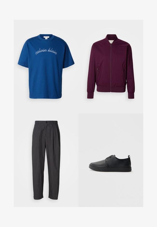 Chaqueta bomber burdeos con cierre de cremallera, puños y dobladillo elásticos. Presenta bolsillos laterales y un logotipo sutil en el pecho. Textura de tela suave.; Camiseta de algodón azul con cuello redondo y mangas cortas, con "calvin klein" elegantemente bordado en cursiva blanca a través del pecho.; Pantalones rectos de color gris oscuro con pasadores para cinturón, cierre frontal con botón y bolsillos laterales sobre un fondo claro liso.; Zapatilla negra de cuero con acabado suave, punta redondeada, costuras a tono, cordones en la parte delantera y suela de goma plana. Asa en el talón.