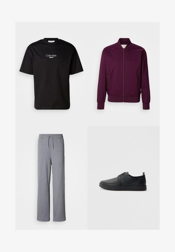 Bordeaux bomberjakke med lynlås, elastiske manchetter og kant. Har sidelommer og et diskret logo på brystet. Glat stofstruktur.; Sort bomulds t-shirt med rund hals, korte ærmer og hvid "Calvin Klein JEANS" logo på forsiden. Simpel og lige skåret design.; Grå, brede sweatpants lavet af blødt materiale; har en elastisk talje med snøre og ingen lommer. Enkelt, udekoreret design.; Sorte lædersneakers med en glat finish, rund tå, tonalt syning, snøring foran og en flad gummisål. Løkke ved hælen.