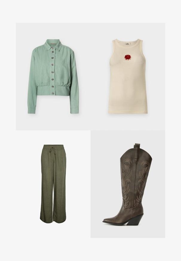 Chaqueta abotonada de color verde claro con mangas largas, cuello con solapa, cintura fruncida y tela texturizada.; Camiseta sin mangas beige con textura acanalada y un pequeño bordado rojo de cangrejo centrado en el pecho.; Pantalones de lino de color verde oliva de corte holgado con cintura elástica y cordón ajustable en la parte delantera.; Bota de vaquero de cuero marrón con puntera afilada, tacón en cuña y bordado decorativo. Presenta un caña alta y una lengüeta de agarre.