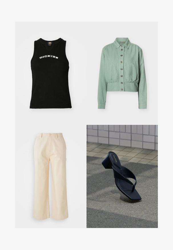 Veste boutonnée vert clair avec manches longues, col, taille froncée et tissu texturé.; Débardeur noir sans manches avec une texture côtelée, arborant un logo blanc en courbe "DICKIES" sur la poitrine et un design en V.; Pantalons larges beige clair en coton avec une texture lisse, dotés d'une fermeture à bouton à l'avant et de poches latérales.; Sandale à talon noire avec un bout carré et des larges brides, présentée devant un mur carrelé et une surface texturée au sol.