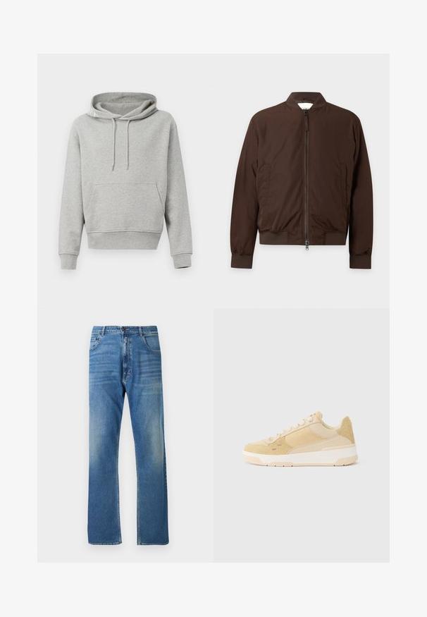 Bruine bomberjack met ritssluiting, geribde kraag, manchetten en zoom, met zijzakken en een gladde, lichtgewicht stof.; Grijze katoenen hoodie met een voorzak, trekkoordcapuchon, ribgebreide manchetten en zoom. Soepele textuur, casual ontwerp en een ontspannen pasvorm.; Blauwe denim jeans, recht model, lichte vervaging, standaard vijfzakkenstijl, met metalen knoop en ritssluiting. Geen zichtbare patronen of accenten.; Beige sneakers met een mix van suède en ademend mesh, een ronde neus, vetersluiting en gestructureerde accenten op de hiel.