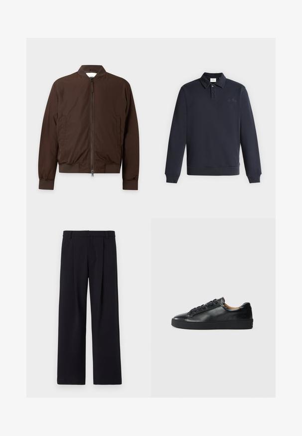 Bruine bomberjack met ritssluiting, geribde kraag, manchetten en zoom, met zijzakken en een gladde, lichtgewicht stof.; Marineblauw poloshirt met lange mouwen, geribde kraag en manchetten, twee knopen plooi en subtiel geborduurd logo op de borst.; Wijde broek in zwarte stof, met voorplooien, een platte voorkant en riemlussen. Soepele textuur zonder zichtbare patronen of accenten.; Zwarte leren sneaker met een gladde textuur, ronde neus en vetersluiting. Heeft een dikke rubberen zool en minimale merkaanpassing.