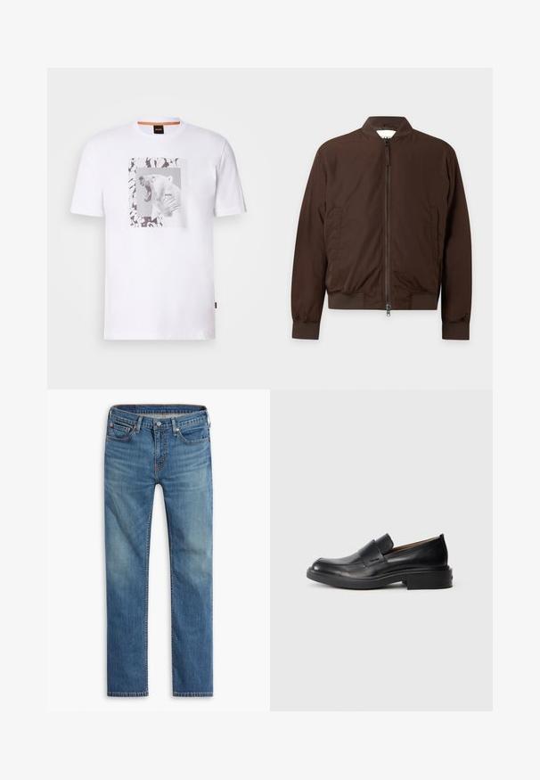 Braune Bomberjacke mit Reißverschluss, geripptem Kragen, Bündchen und Saum, mit Seitentaschen und glattem, leichtem Stoff.; Weißes Baumwoll-T-Shirt mit einem Grafikmotiv eines brüllenden Eisbären in einem rechteckigen Rahmen, akzentuiert durch abstrakte schwarze und graue Muster.; Blaue gerade geschnittene Jeans mit Knopf- und Reißverschluss vorne, Fünf-Taschen-Design und dezenten Ausbleichungen an Oberschenkeln und Knien.; Schwarze Leder-Pantoletten mit niedrigem Absatz und dezentem Calvin Klein-Logo an der Seite, im Profil vor einem weißen Hintergrund dargestellt.