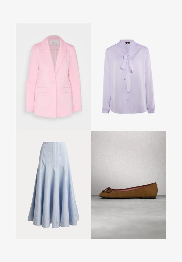 Lichtroze blazer van gladde stof, met een enkele knoopsluiting, opstaande revers en twee voorzakken.; Lavendelkleurige blouse met een striknek, lange mouwen en knoopsluiting. Glad materiaal met een lichte glans, met minimalistische ontwerpdetails.; Lichtblauwe lange rok met verticale witte naaldstrepen en uitlopende paneeldetails, getoond op een effen achtergrond.; Bruine suède ballerina met een ronde neus, voorzien van een geknoopte detail aan de voorkant, dunne rode bies en een platte zwarte zool.