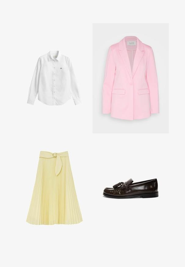 Blazer rose clair en tissu lisse, dotée d'une fermeture à un bouton, de revers crantés et de deux poches avant.; Chemise blanche à manches longues avec boutons, fabriquée dans un tissu légèrement texturé. Dotée d'une poche avant avec un petit logo brodé et d'un col classique.; Jupe midi plissée jaune pâle avec une large ceinture, dotée d'une ceinture en tissu et d'une boucle circulaire torsadée en métal doré.; Mocassin en cuir marron foncé avec pampille, couture mocassin, semelle noire plate et petit logo doré sur le côté du talon.