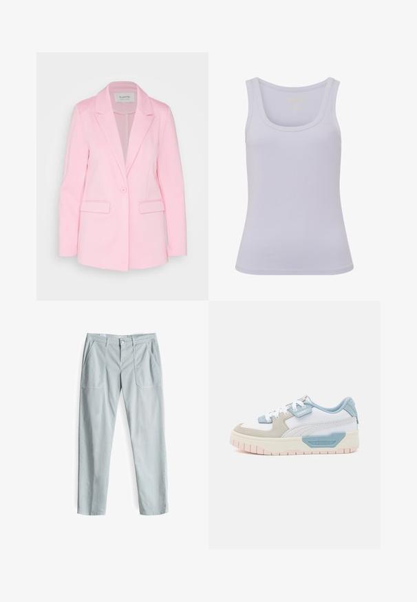 Lichtroze blazer van gladde stof, met een enkele knoopsluiting, opstaande revers en twee voorzakken.; Licht lila tanktop met een geribbelde textuur, brede schouderbanden en een afgeronde halslijn. Bevat een subtiele gouden logo in het midden bovenaan.; Lichtgrijze broek van gladde stof, met een rechte pijpdesign, twee voorzakken en een sluiting met een knoop aan de voorkant.; Sneakers met een witte leren bovenkant, lichtblauwe accenten, beige suède panelen en een gestructureerde roze rubberen zool; geborduurd logo aan de zijkant.