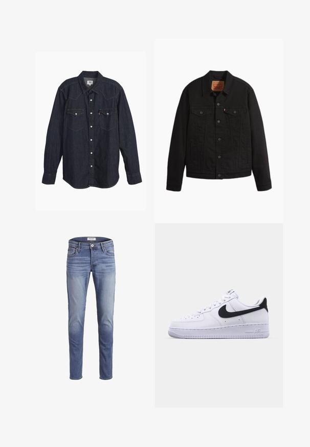 Schwarze Jeansjacke mit Knopfleiste vorne, zwei Brusttaschen mit Knöpfen, Seitentaschen, Kragen und langen Ärmeln.; Dunkelblauses Denim-Hemd mit langen Ärmeln und spitzem Kragen, zwei Brusttaschen, weißen Knöpfen und kontrastierendem gelbem Stich. Glattes, robustes Material.; Schmale blaue Jeans aus Denim, mit einer ausgeblichenen Waschung, fünf Taschen und einem Reißverschluss mit Knopfverschluss.; Weißes Leder-Sneaker mit einem strukturierten schwarzen Swoosh, flachen Schnürsenkeln und einer Gummisohle mit genoppetem Muster. "AIR" ist auf der Ferse eingeprägt.