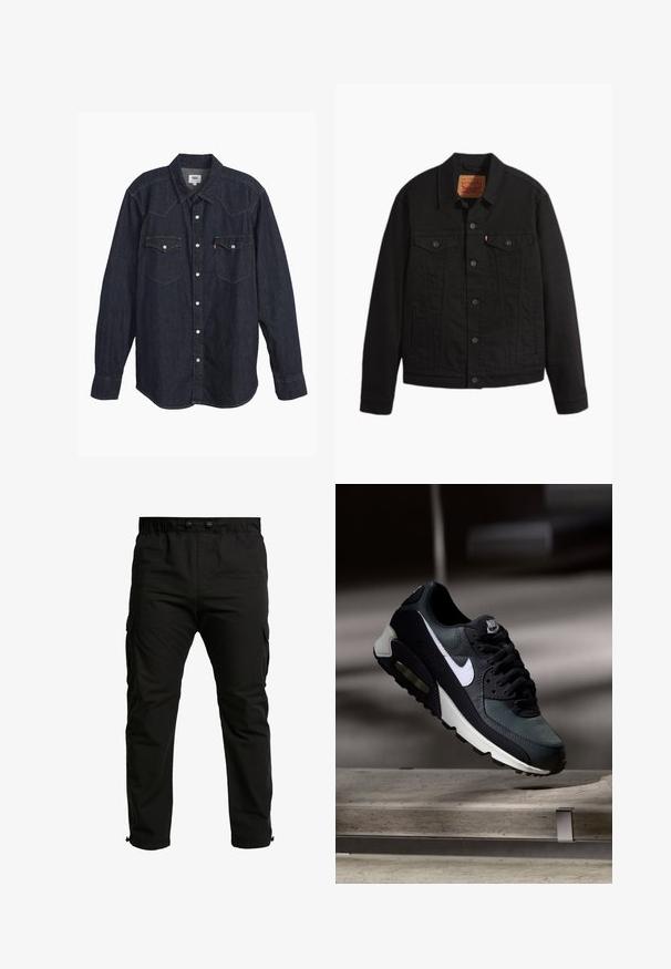 Schwarze Jeansjacke mit Knopfleiste vorne, zwei Brusttaschen mit Knöpfen, Seitentaschen, Kragen und langen Ärmeln.; Dunkelblauses Denim-Hemd mit langen Ärmeln und spitzem Kragen, zwei Brusttaschen, weißen Knöpfen und kontrastierendem gelbem Stich. Glattes, robustes Material.; Schwarze Cargo-Hose aus gewebtem Stoff mit seitlichen Taschen, elastischem Bund und verstellbaren Bündchen. Einfaches, funktionales Design.; Schwarzer und grauer Nike Air Max Sneaker mit weißem Swoosh, schwebend über einer Betonfläche vor einem verschwommenen dunklen Hintergrund.