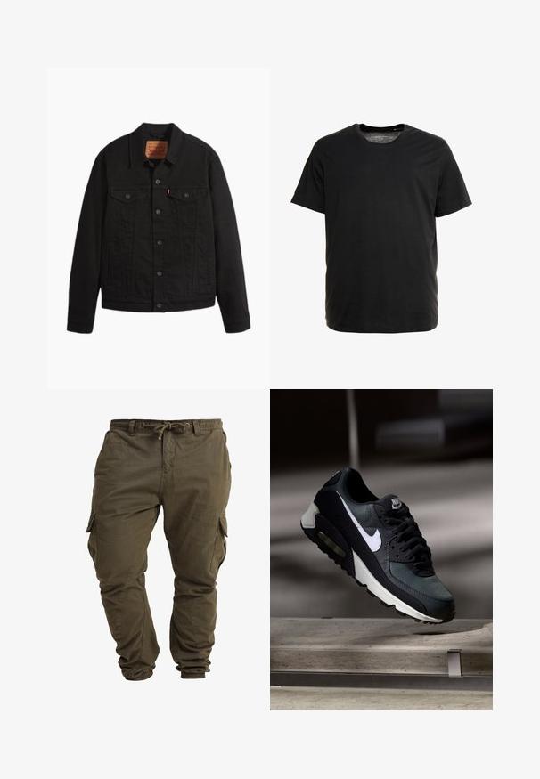 Chaqueta de denim negra con cierre de botones al frente, dos bolsillos en el pecho con botones, bolsillos laterales, cuello y mangas largas.; Camiseta de manga corta negra, hecha de tejido suave, con cuello redondo y corte recto, sin patrones ni gráficos visibles.; Pantalones cargo de color verde oliva hechos de algodón suave, con cordón ajustable en la cintura, puños elásticos y bolsillos laterales. ; Zapatilla Nike Air Max negra y gris con el logo blanco, suspendida sobre una superficie de cemento contra un fondo oscuro y desenfocado.