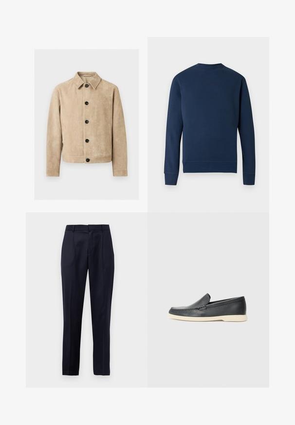 Beige suède jas met kraag, vijf zwarte knopen aan de voorkant, twee zijzakken en een borstzak omtrek.; Donkerblauwe sweatshirt met een ronde hals, geribbelde manchetten en zoom. Voorzien van een subtiel logo op de borst in een bijpassende kleur. Glad stoffen textuur.; Marineblauwe op maat gemaakte broek met plooien aan de voorkant, riemlussen en een taps toelopend ontwerp op een witte achtergrond.; Zwarte leren instapper loafer met beige zool, zwevend in de lucht nabij een metalen draad tijdschriftenrek op een terrazzo vloer.