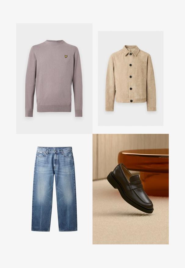 Veste en daim beige avec col, cinq boutons noirs sur le devant, deux poches latérales et un contour de poche poitrine.; Pull en tricot violet clair à manches longues avec col rond, poignets et ourlet côtelés, et petit logo d'oiseau jaune sur la poitrine gauche.; Jean bleu clair à coupe droite avec zones délavées, cinq poches, fermeture par bouton et étiquette Calvin Klein sur la poche avant droite.; Mocassin en cuir noir flottant au-dessus d'un tapis beige avec des meubles arrondis marron en arrière-plan.