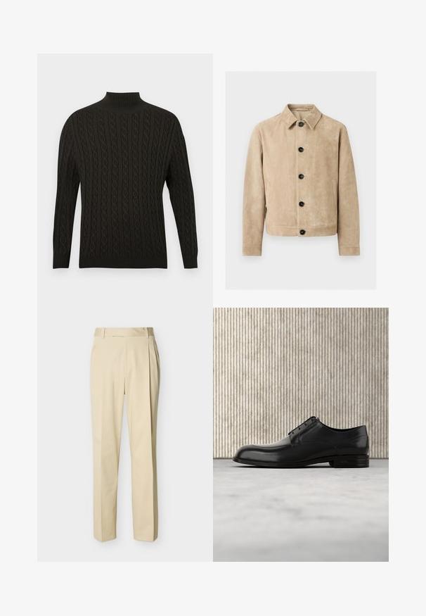 Veste en daim beige avec col, cinq boutons noirs sur le devant, deux poches latérales et un contour de poche poitrine.; Pull en tricot noir avec un col roulé haut, un motif en câble texturé, des manches longues et des bords côtelés. ; Pantalon beige à jambe droite avec passants de ceinture et plis sur le devant, sur un fond uni clair.; Chaussure de ville en cuir noir avec un bout arrondi, texture lisse, coutures minimales et une semelle plate avec un branding discret au niveau du talon.
