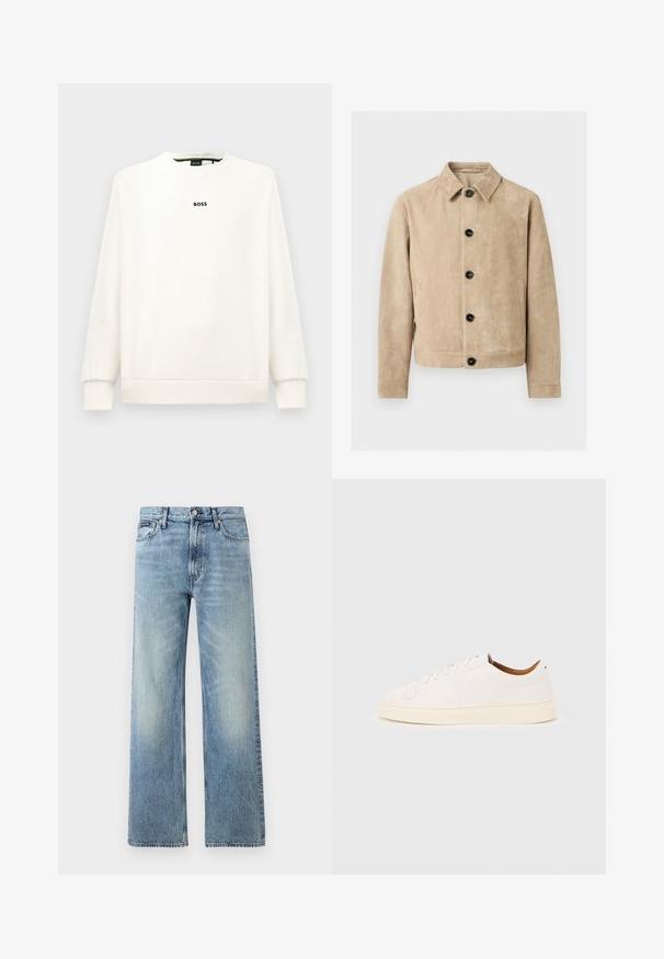 Beige suède jas met kraag, vijf zwarte knopen aan de voorkant, twee zijzakken en een borstzak omtrek.; Witte sweatshirt met een ronde hals, lange mouwen, ribbelboorden en -zoom. Voorzien van een klein zwart 'BOSS' logo op de borst. Glad textuur.; Lichtblauwe denim jeans met rechte pijpen, een hoge taille, vijf zakken, knoopsluiting en subtiele vervaging op de dijen en knieën.; Witte lage sneaker met vetersluiting, minimale stikdetails en een crèmekleurige zool op een lichtgrijze achtergrond.