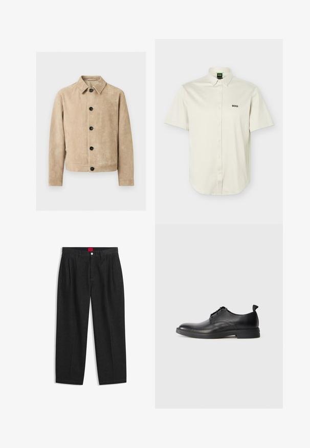 Beige suède jas met kraag, vijf zwarte knopen aan de voorkant, twee zijzakken en een borstzak omtrek.; Witte korte mouwen blouse met knoopsluiting, knoopsluiting aan de kraag, zwart "BOSS"-logo op de borst en groene binnenkraaglabel.; Zwarte hoge taille broek met plooien aan de voorkant, ceintuurlussen, een knoop- en ritsluiting, en een rood label aan de binnenkant van de tailleband.; Zwarte leren herenschoen met veters, voorzien van een trekband op de hiel, afgebeeld in zijaanzicht op een plain witte achtergrond.