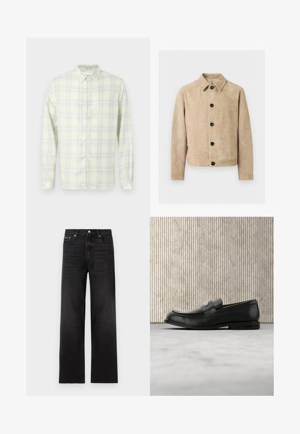 Beige ruskindsjakke med krave, fem sorte knapper foran, to sidelommer og en brystlomme-omrids.; Lysegul ternet langærmet skjorte med knapper og krave, vist fladt mod en hvid baggrund.; Sorte jeans med lige ben, fem-lomme design, bæltestropper og knaplukning, vist på en hvid baggrund.; Sort læderloafer med metalbrandskilt hvilende nær et brunt rundt bord på beige tæppe.