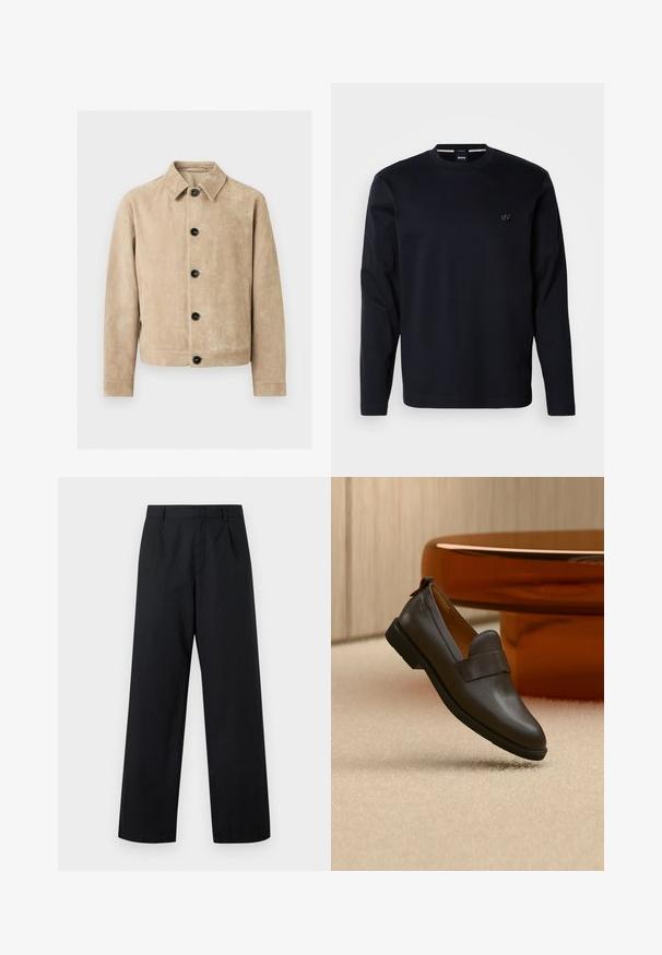 Veste en daim beige avec col, cinq boutons noirs sur le devant, deux poches latérales et un contour de poche poitrine.; Chemise à manches longues en coton bleu marine foncé, design à col rond avec un petit logo brodé sur la poitrine, présentant une texture lisse et une coupe régulière.; Pantalon noir taille haute à jambes larges avec passants pour ceinture, plis devant et fermeture frontale cachée, présenté sur un fond uni.; Mocassin en cuir marron foncé avec un petit talon flottant au-dessus d'un tapis beige, à côté d'une table brillante, arrondie et de couleur ambre.