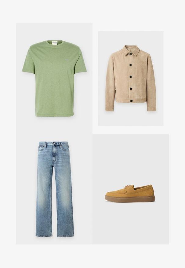 Veste en daim beige avec col, cinq boutons noirs sur le devant, deux poches latérales et un contour de poche poitrine.; T-shirt en coton vert clair à manches courtes, col rond et petit logo brodé sur la poitrine gauche.; Jean droit en denim bleu clair avec taille haute, cinq poches, fermeture à boutons et léger délavage sur les cuisses et les genoux.; Chaussures slip-on en suède marron avec une finition texturée, un bout rond et une semelle en caoutchouc contrastante. Présente une marque discrète près du talon.