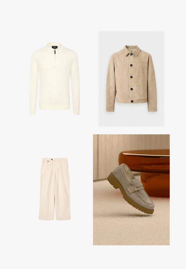 Chaqueta de ante beige con cuello, cinco botones negros en la parte delantera, dos bolsillos laterales y un contorno de bolsillo en el pecho.; Suéter de manga larga en color crema con un diseño de punto texturizado, que presenta un cuello con cremallera y puños y dobladillo acanalados para un ajuste ceñido.; Pantalones beige de pierna ancha hechos de tela suave, con dos pliegues frontales, bolsillos laterales y botones negros en la cintura.; Mocasín de ante gris claro con suela gruesa de goma marrón colocado sobre una alfombra beige frente a una mesa redonda marrón desenfocada.