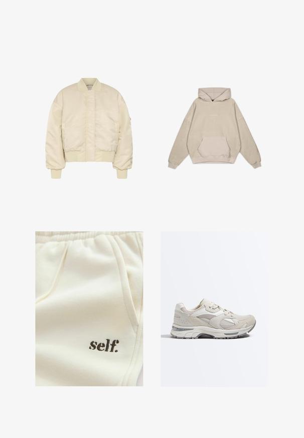 Beige cropped bomberjakke med ribbet krave, manchetter og kant, frontlynlås dækket af en klap og lange puffede ærmer.; Beige hætte sweatshirt med en afslappet pasform, kængurulomme, manchetter og en glat tekstur. Har diskrete logo-detaljer på forsiden.; Beige joggingbukser med afslappet pasform, elastisk talje, lommer og en lille sort 'self.'-logo på venstre side. Blød tekstur.; Beige og hvid sportssneaker med mesh- og ruskindspaneler, snørelukning og tyk polstret sål med gråt mønster.